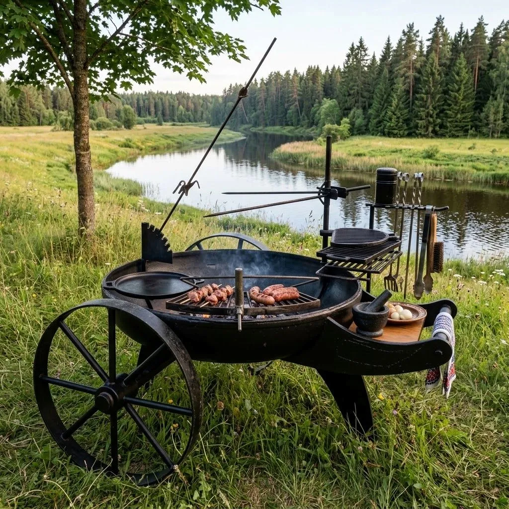 Suuri hiiligrilli metallipyörillä
